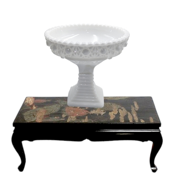 👣4/$20.  Milk Glass Candy Dish Scalloped Edge with Geometric Pattern - Picture 1 of 4